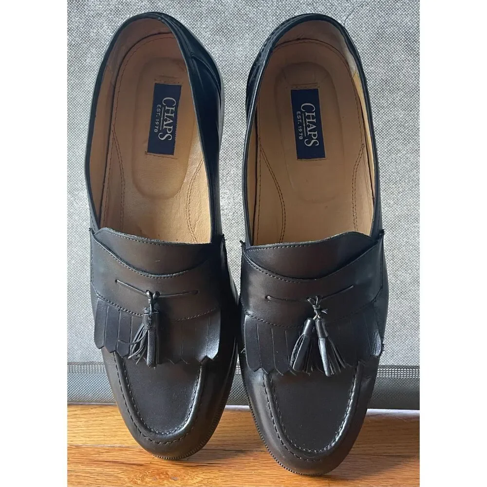 Chaps Mens 9.5M Black Leather Kiltie Fringe Tassel Loafers Dress Shoes